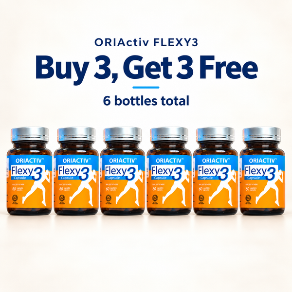 OriActiv Flexy3 bundle illustration: buy 3, get 3 free, 6 bottles total.