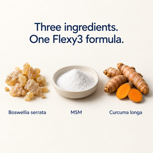Illustration of Flexy3 ingredients: Boswellia serrata resin, MSM powder and Curcuma longa turmeric.