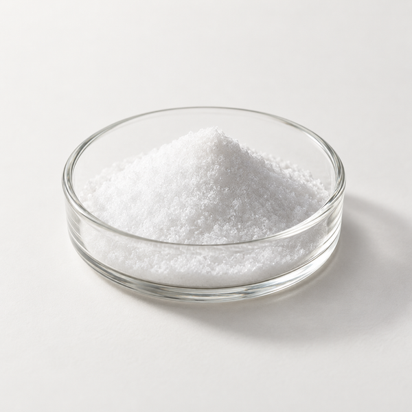 MSM methylsulfonylmethane crystals in a clear laboratory dish.